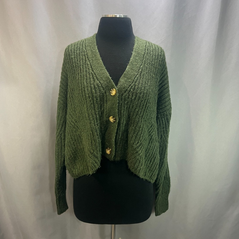 A.n.a A New Approach Cardigan Sweater Womens M Olive Green Button Front V Neck